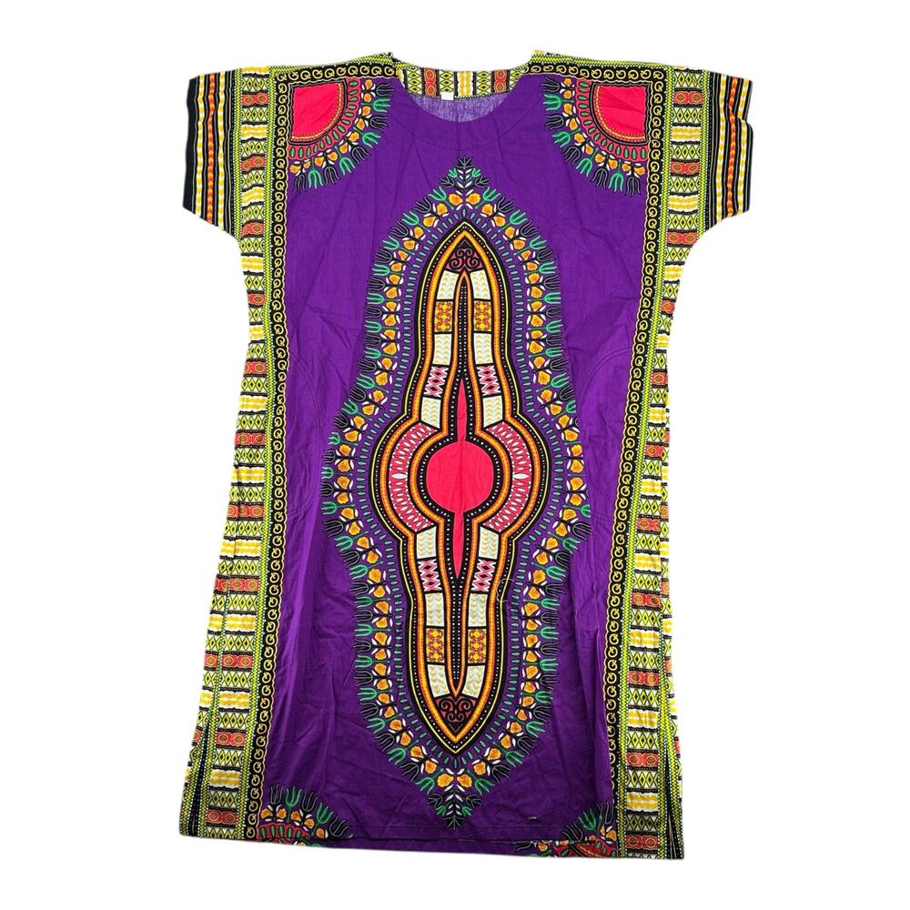Purple Dashiki Maxi Dress Traditional African Tunic Vibrant Print Cotton NWT